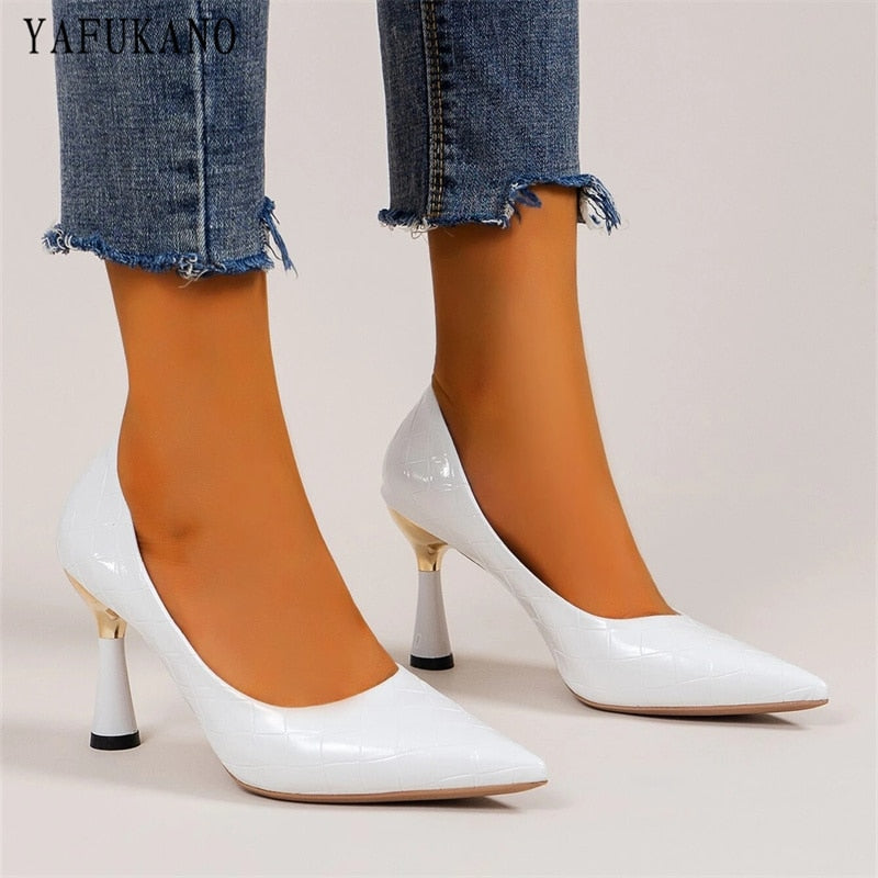 Textured Pointed Toe Stiletto Womens Pumps Classic Simple Shallow Mouth Office Work Shoes White Party Wedding Shoes Plus Size 41