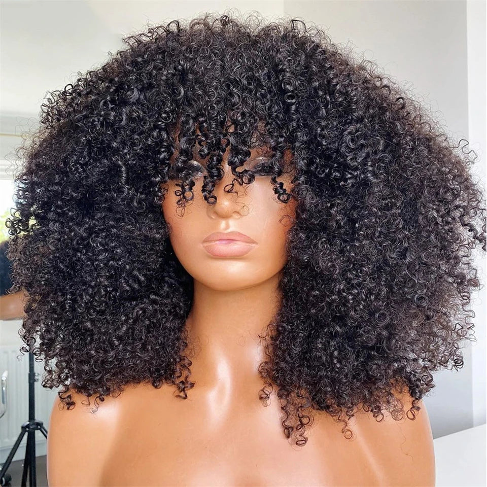 Mongolian Afro Kinky Curly with bangs wear to go Glueless wig Remy Brazilian Short Curly Bangs Wig Human Hair