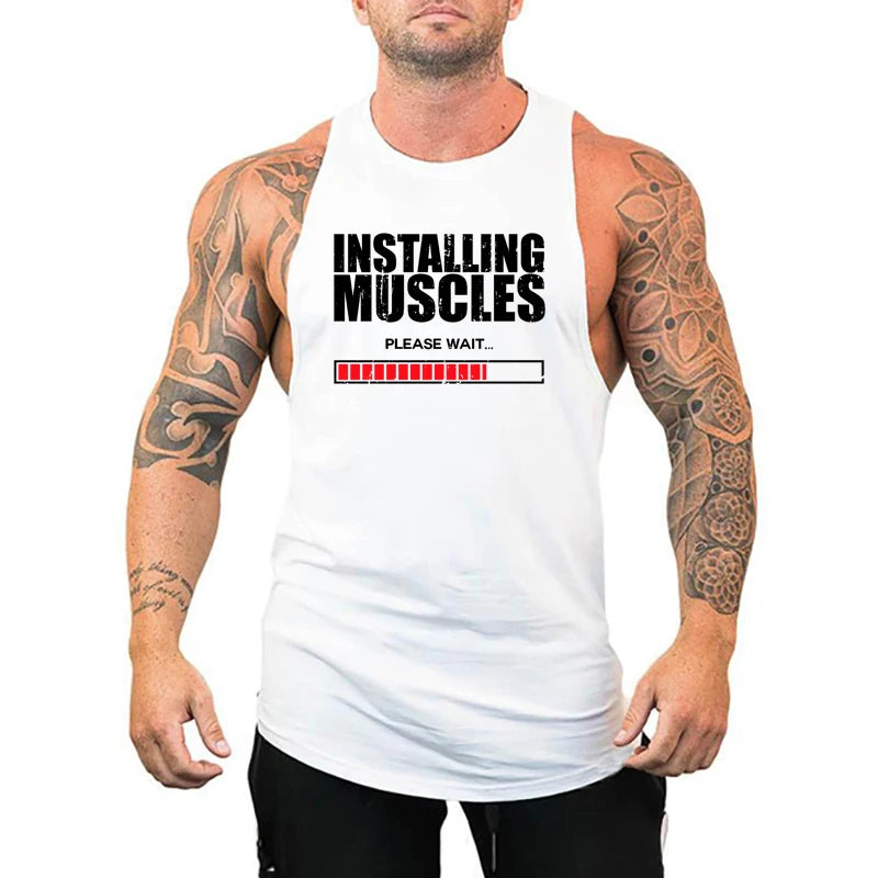 Installing Muscles Please Wait Print Vest Gym Fitness Running Cotton Breathable Tank Top Men Bodybuilding Sleeveless Loose Shirt