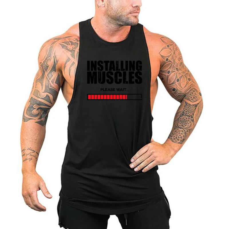 Installing Muscles Please Wait Print Vest Gym Fitness Running Cotton Breathable Tank Top Men Bodybuilding Sleeveless Loose Shirt