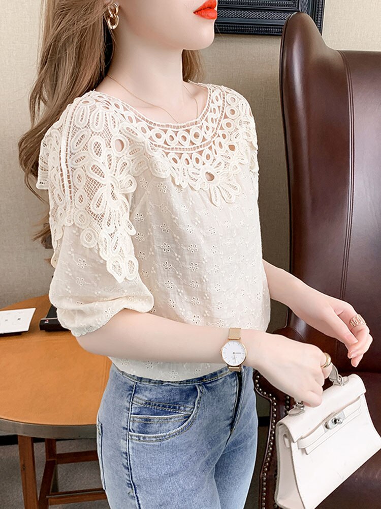 Hollow Out Casual Short Sleeve Blouse Loose Elegant O Neck Sweet Tops Summer Lace Women&amp;#39;s Blouse Flowers Chiffon Shirts  21212