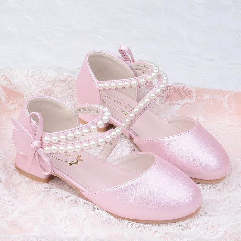 Spring Summer Girl Princess Shoes Pearl Bowknot Children Party Wedding Dress Sandals Fashion Causal Kids Performance High-heel