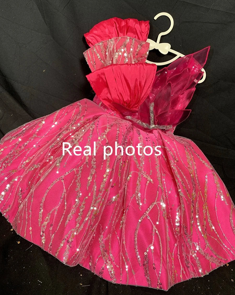 Gorgeous Girls Princess rose sequin Palace Dress V-neck Children Bow Wedding