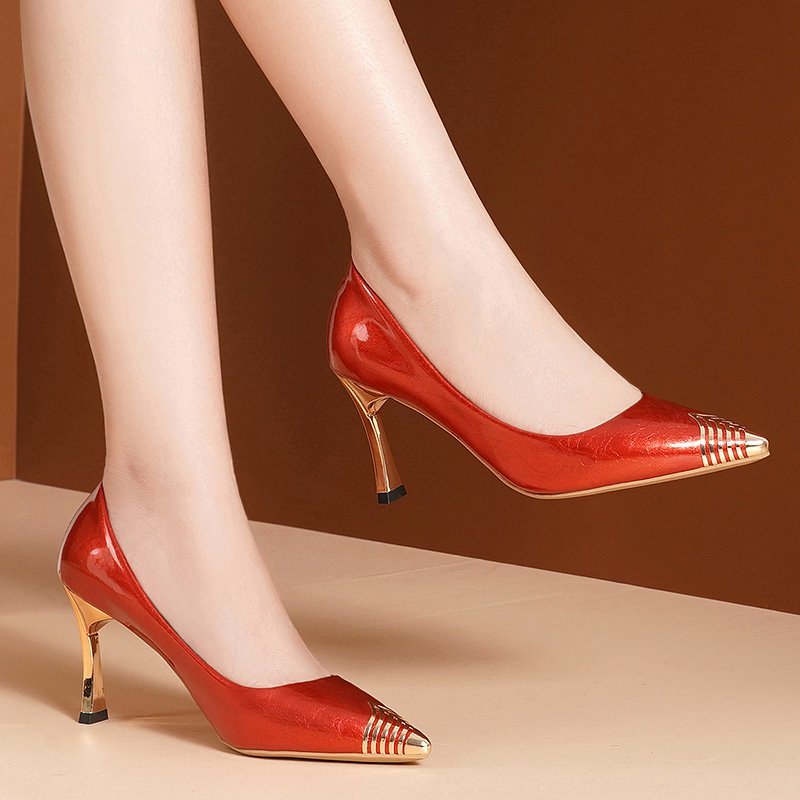 High Heels Women&amp;#39;s Spring and Autumn 2022 New Thin Heels Shallow Mouth Fashion Metal Pointed Toe Solid Color Fashion Shoes Women