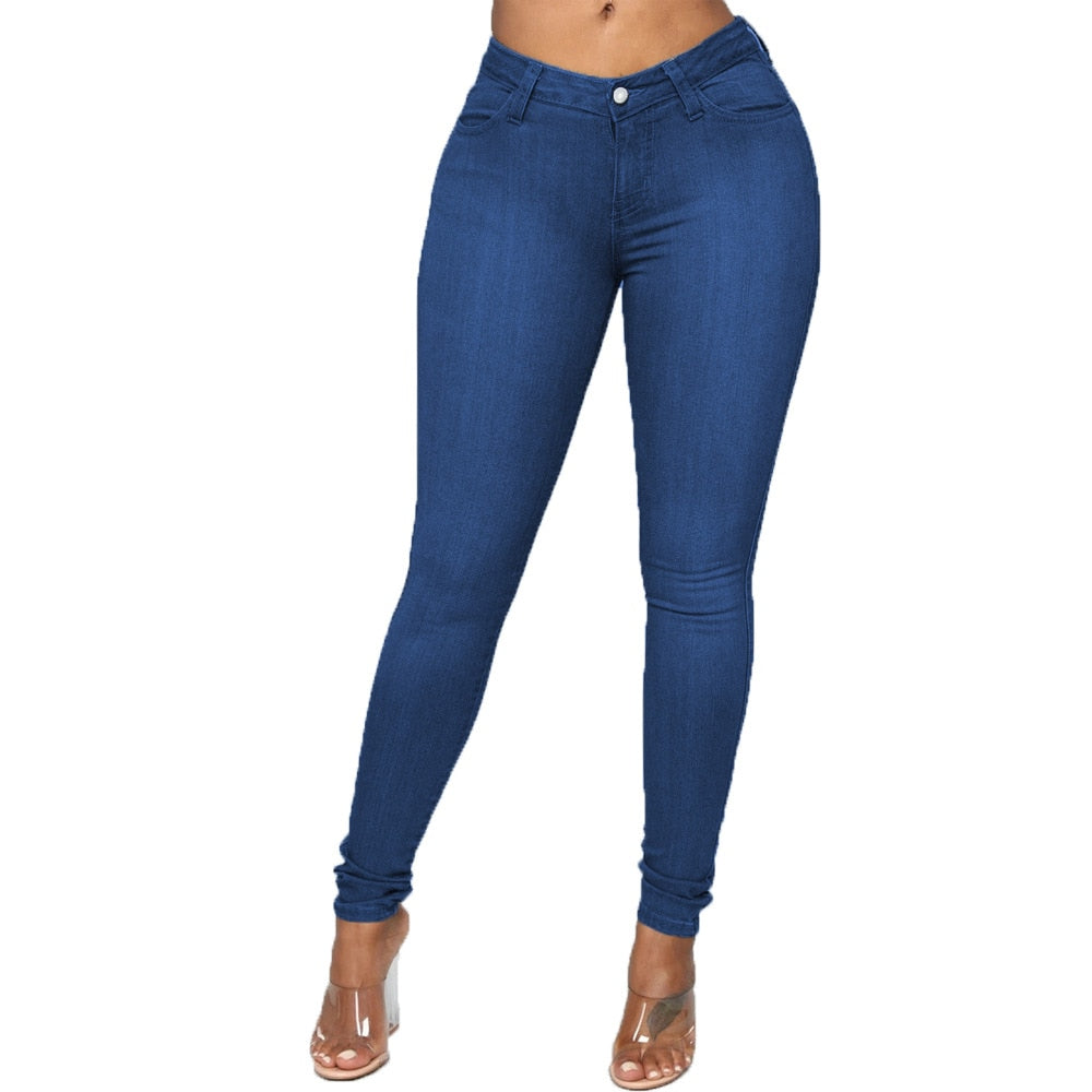 High Elastic Women Skinny Jeans Button Zipper Mid Waist Bodycon Thin Denim Pencil Pants Slim Stretch Trousers Plus Size XS-6XL