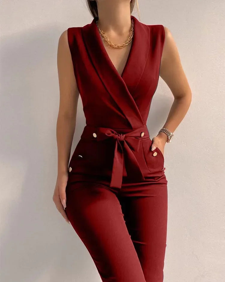 Women&#39;s Sleeveless Jumpsuit Solid Color Overall Bodysuit Clothing Office Style V-neck Lace-up Jumpsuits High Waist Belt Pants