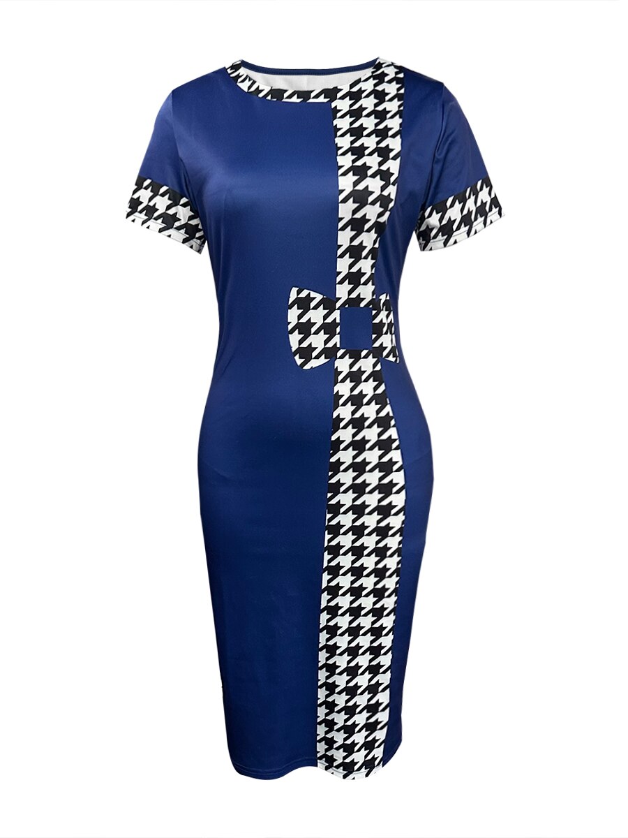 LW Houndstooth Plaid Checkerboard Print Round Neck Short Sleeve Knee Length Blue Office Lady Elegant Bodycon Pencil Dress