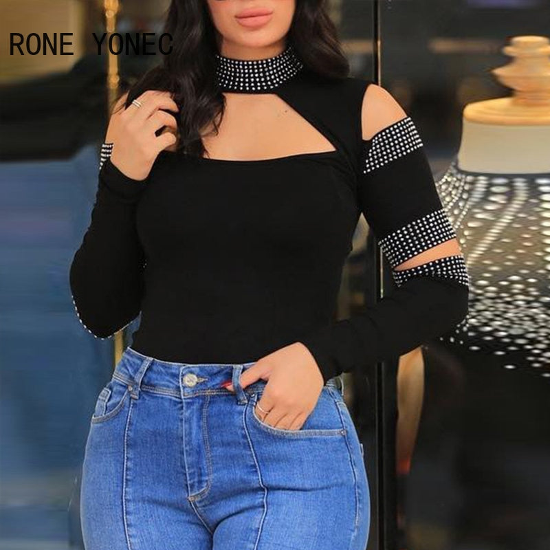 Women Casual Rhinestone Patchwork Hollow Out Long Sleeves Round Neck Sexy Black Basic Blouse Tops