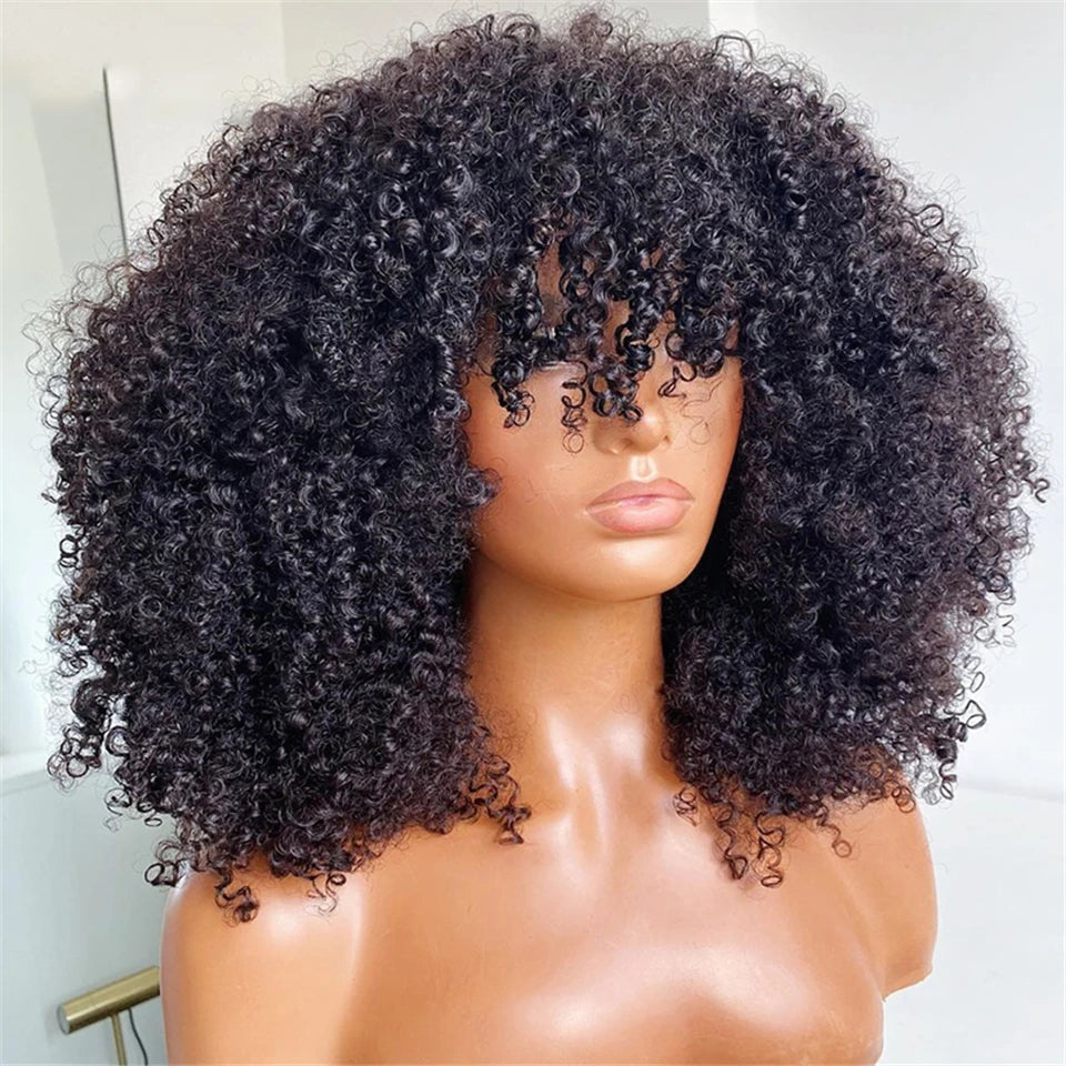 Mongolian Afro Kinky Curly with bangs wear to go Glueless wig Remy Brazilian Short Curly Bangs Wig Human Hair