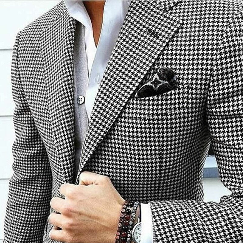 Italian Style Men&amp;#39;s Blazer Houndstooth Casual Man Suit Jacket Notched Lapel One Piece Check Wedding Coat for Prom Party
