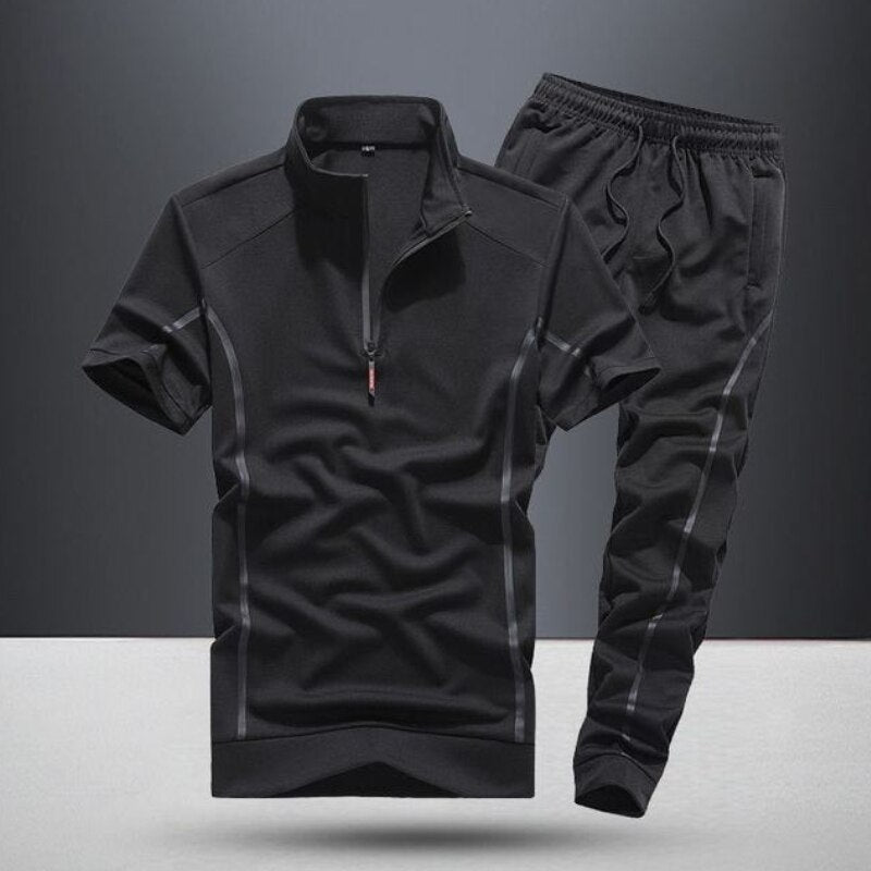 Short sleeved suit men&amp;#39;s summer thin large stand collar sportswear two-piece