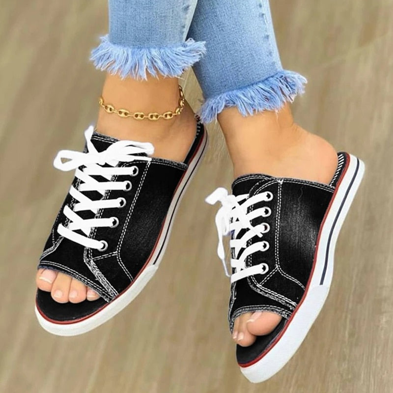 Ladies Slippers Canvas  Lace-up  Open-toed New Flat-Bottom  Casual Women Fashion Denim Beach Shoes 35-43