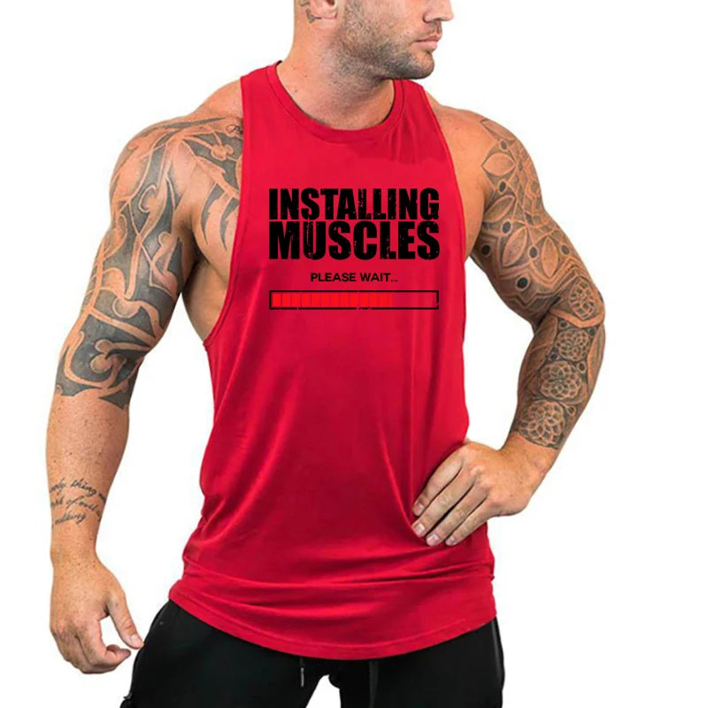 Installing Muscles Please Wait Print Vest Gym Fitness Running Cotton Breathable Tank Top Men Bodybuilding Sleeveless Loose Shirt