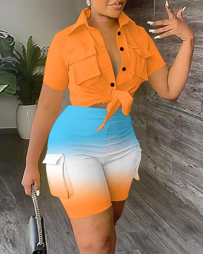 Womens Two Piece Sets Outfit Elegant Pocket Design Buttoned Crop Top &amp;amp; High Waist Shorts Set New Fashion 2023 Summer Casual