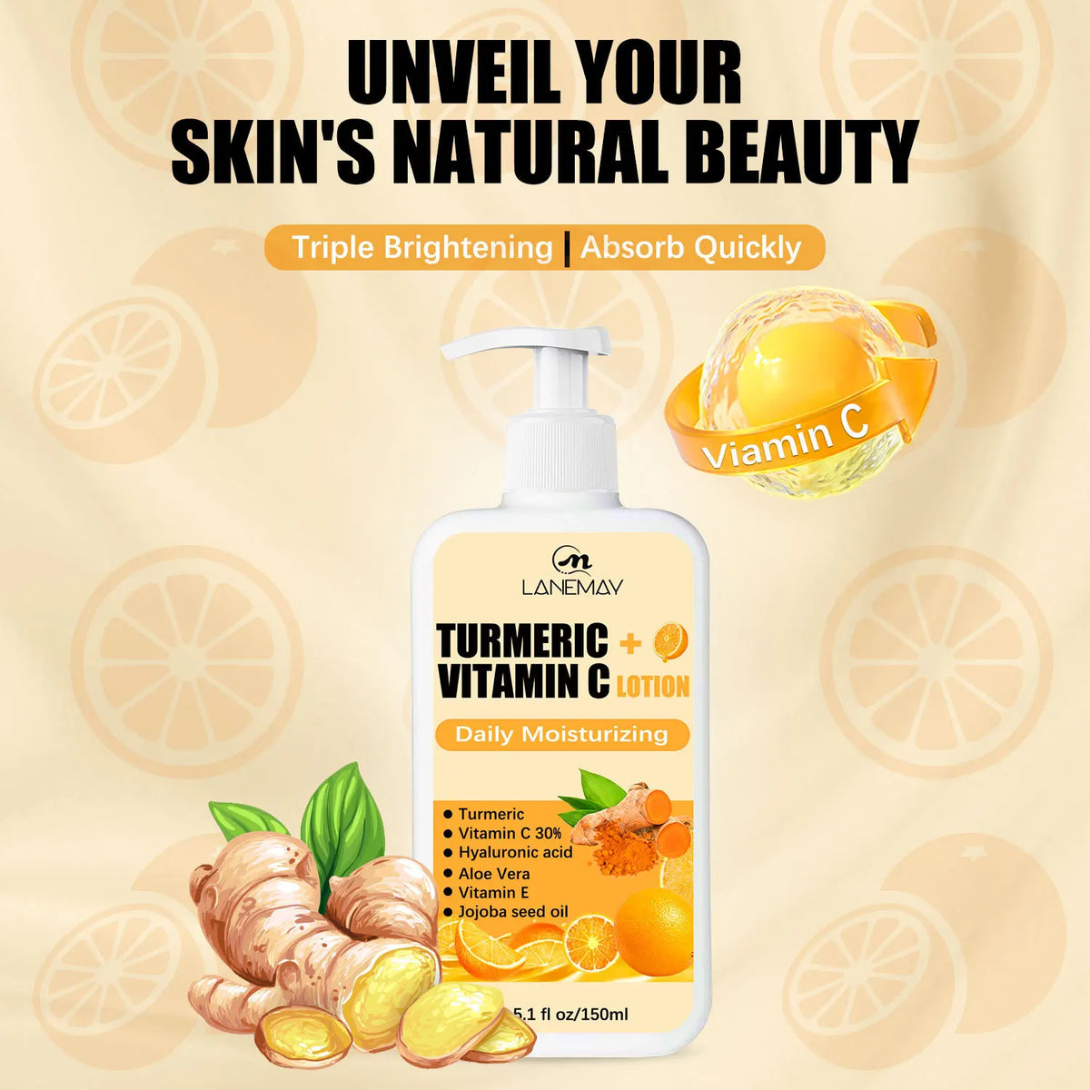 150ml Turmeric Body Lotio reduces fine line and wrinkles moisturizing daily Daily