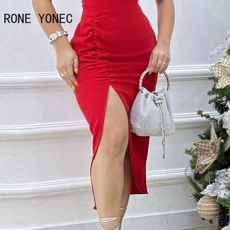 Women Solid Chain Decoration Straps Diagonal Collar Shirring Midi Silt Bodycon Formal Party Red Dresses