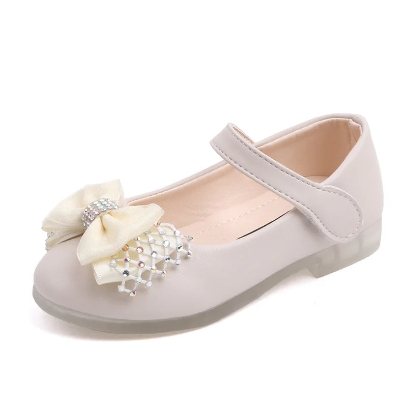 White Shoes For Girls Kids Wedding Dress Shoes Bow-knot Bowtie Sweet Crystal Children&#39;s Leather Flats Toddlers Girls Shoes 22-31