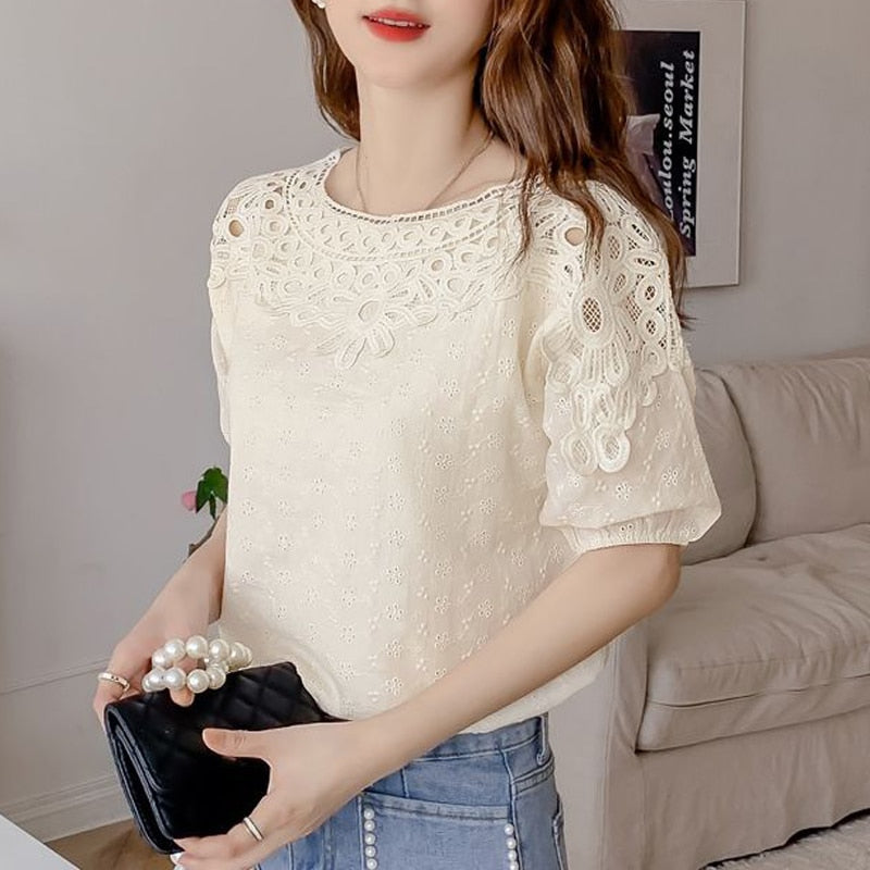 Women&amp;#39;s Lace Hollow Embroidery White Elegant Blouse Summer Trendy O Neck Short Sleeve Cotton Shirt Sweet Chic Top Female Blusas