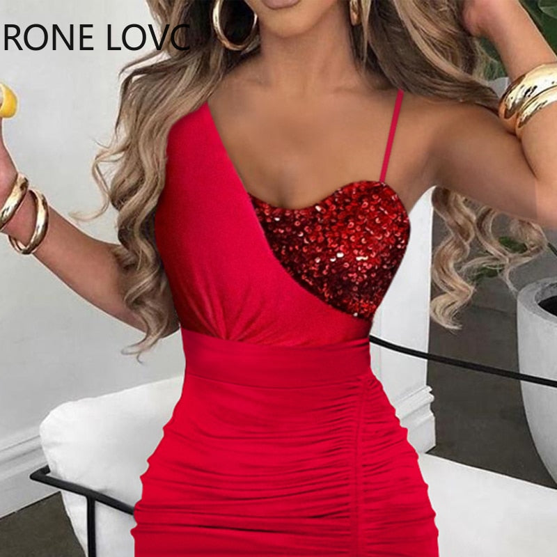 Women Glamourous Elegant Sequins Patchwork Spaghetti Straps Shirring High Silt Maxi Bodycon Sexy Formal Party Red Dresses