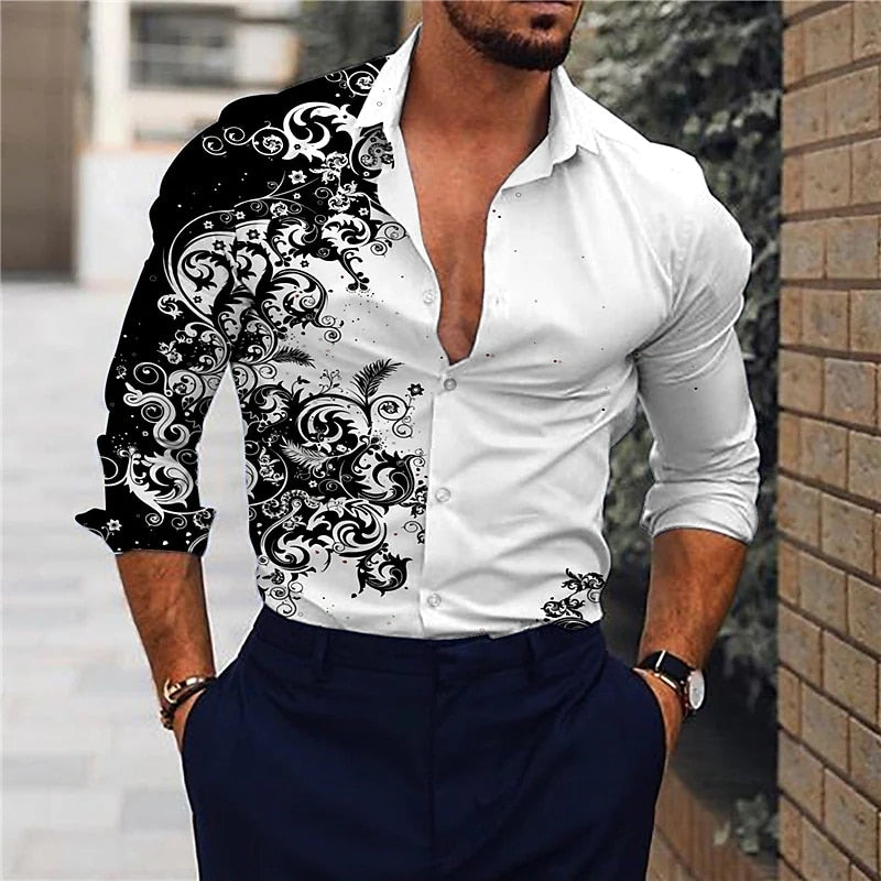 Men&amp;#39;s Fashion Lapel Button-Up Shirts Casual Noble Printed Long Sleeve Tops 2023 Men&amp;#39;s Wedding Prom Cardigan Shirt