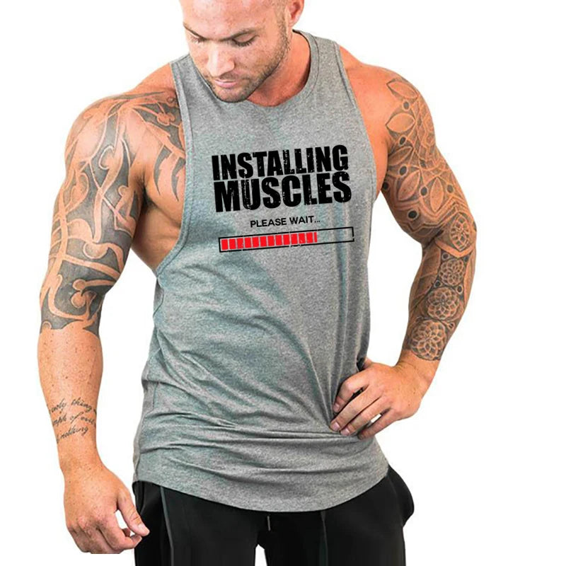 Installing Muscles Please Wait Print Vest Gym Fitness Running Cotton Breathable Tank Top Men Bodybuilding Sleeveless Loose Shirt