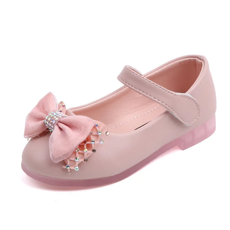 White Shoes For Girls Kids Wedding Dress Shoes Bow-knot Bowtie Sweet Crystal Children&#39;s Leather Flats Toddlers Girls Shoes 22-31