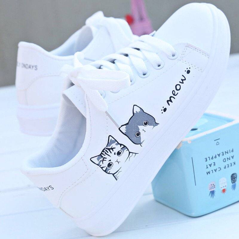 comemore 2021 New Fashion Lace-up Women Sneakers Woman Casual Shoes Printed Summer Women&amp;#39;s Pu Shoes Cute Cat Canvas White Shoe