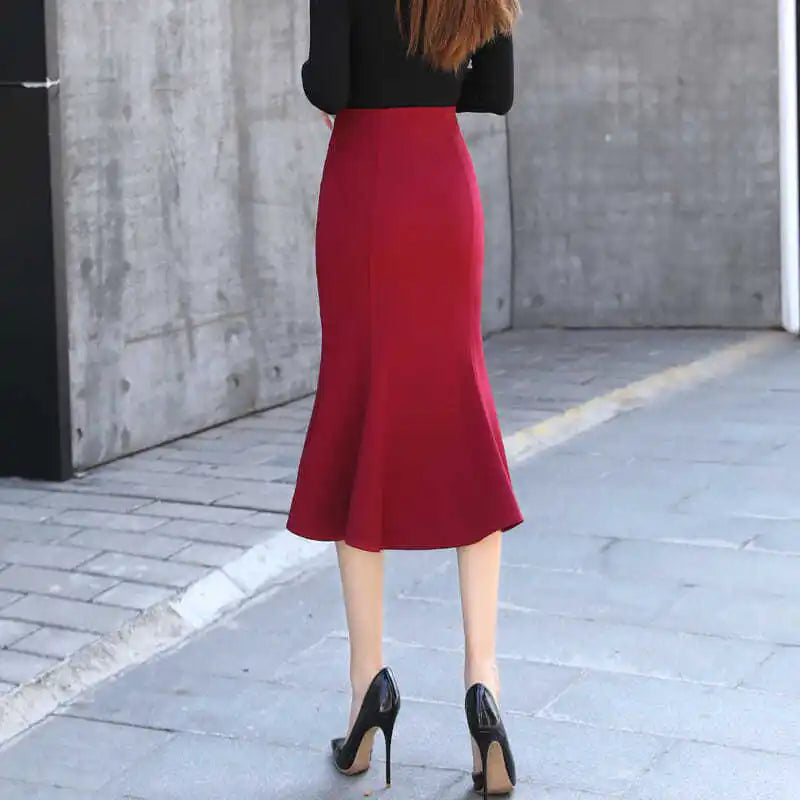 Summer Fashion Women High Waist Lady Office Wear Solid Color Mermaid Skirt Female Korean Casual Knee Length Trumpet Skirts E17