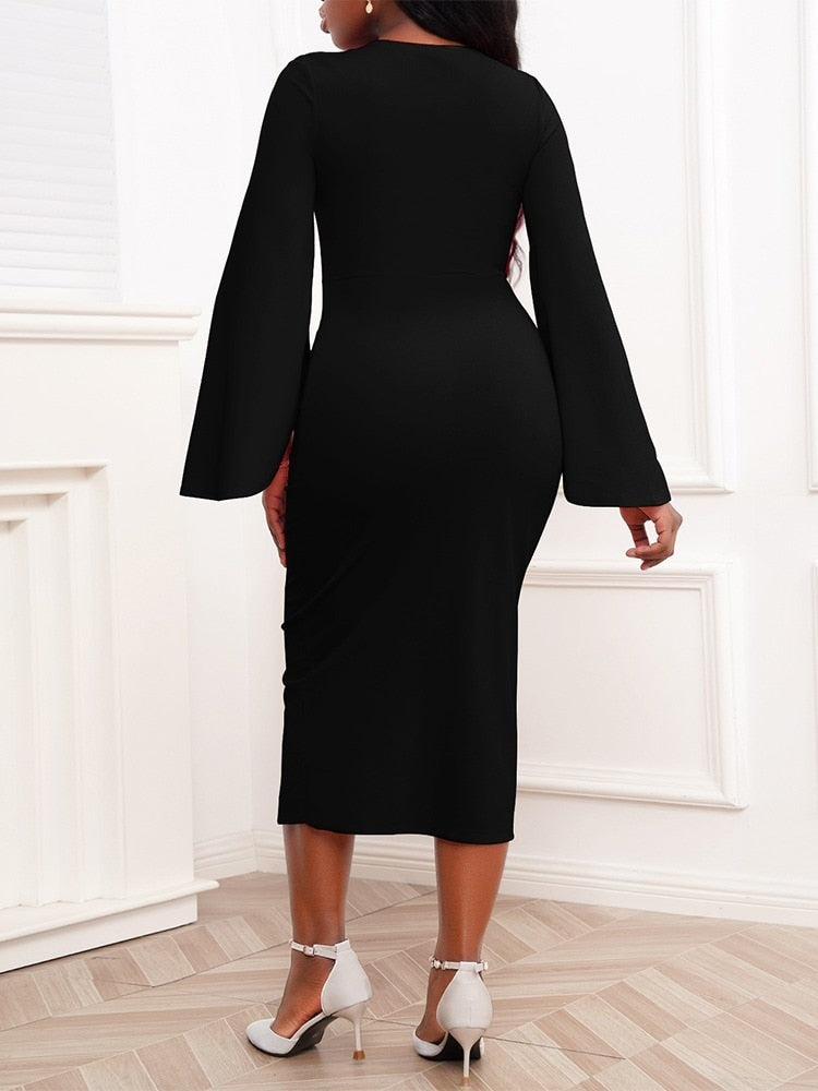 2023 Summer Dresses for Women Round Neck Bell Shaped Sleeve Split Work Office Lady Dress Vestidos Mujer Elegant Midi Robe Female