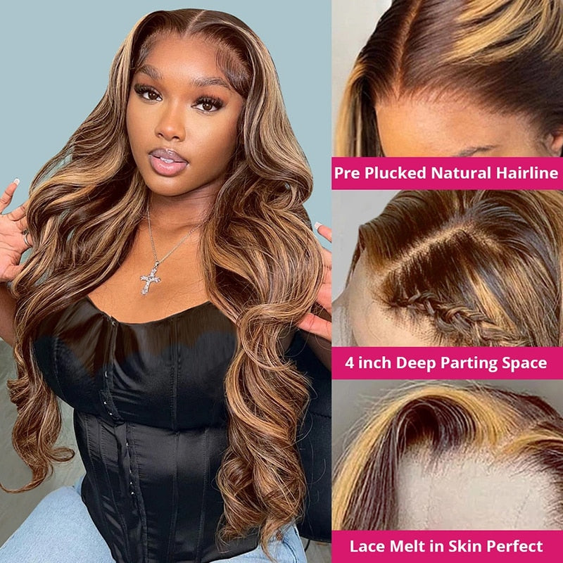 Highlight 30 32 inch 360 HD Lace Front Wigs Body Wave P4/27 Highlight Wig Human Hair Wigs For Women Ombre 13x4 Lace Frontal Wigs