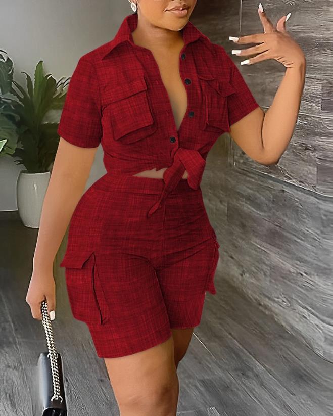 Womens Two Piece Sets Outfit Elegant Pocket Design Buttoned Crop Top &amp;amp; High Waist Shorts Set New Fashion 2023 Summer Casual