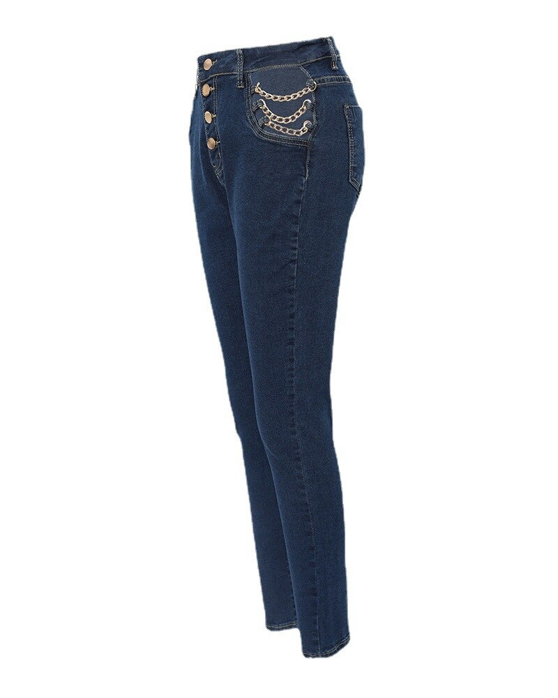 Chain Decor Cutout Button Fly Skinny Jeans Women High Waist Spring Summer Slim Ankle Length Denim Pants Leggings Jeans