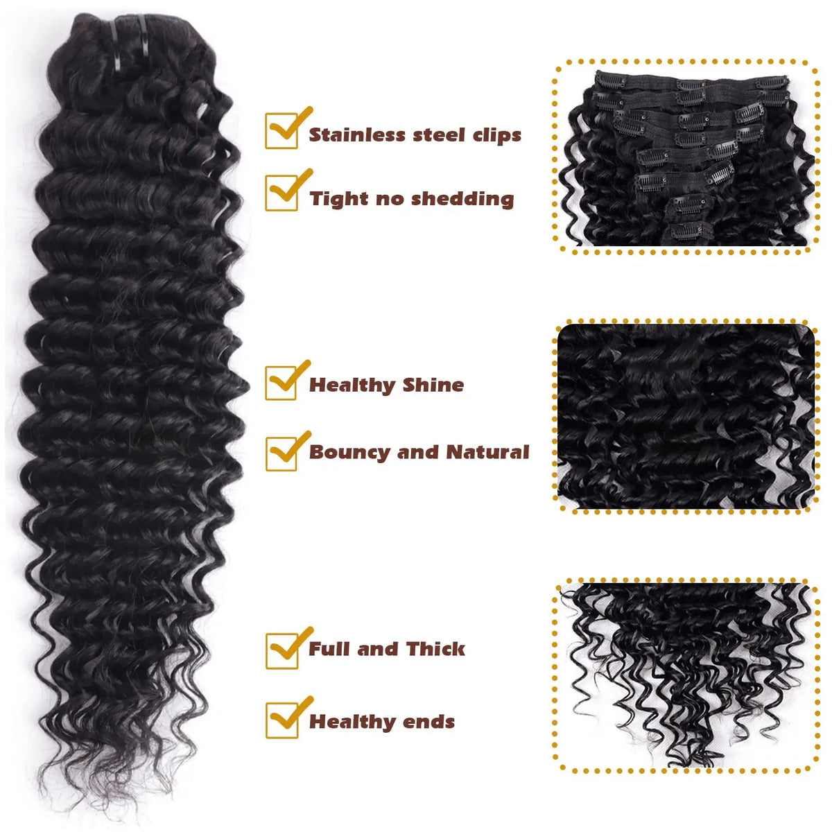 Deep Wave Clip ins Human Hair Extensionfor women 8 pcs real human hair curly tick