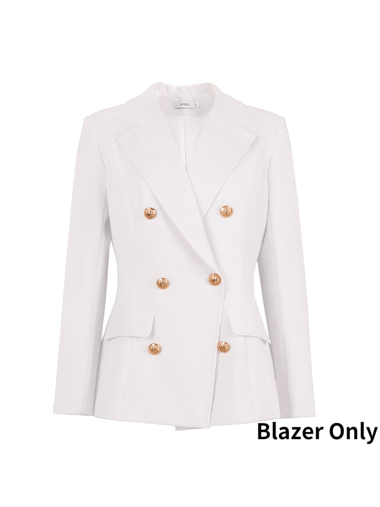 Women White Formal Business Blazer Suit Sets Elagant 6 Buttons Jacket Knee Length Skirts Wide Leg Pants Suits Casual Office Work