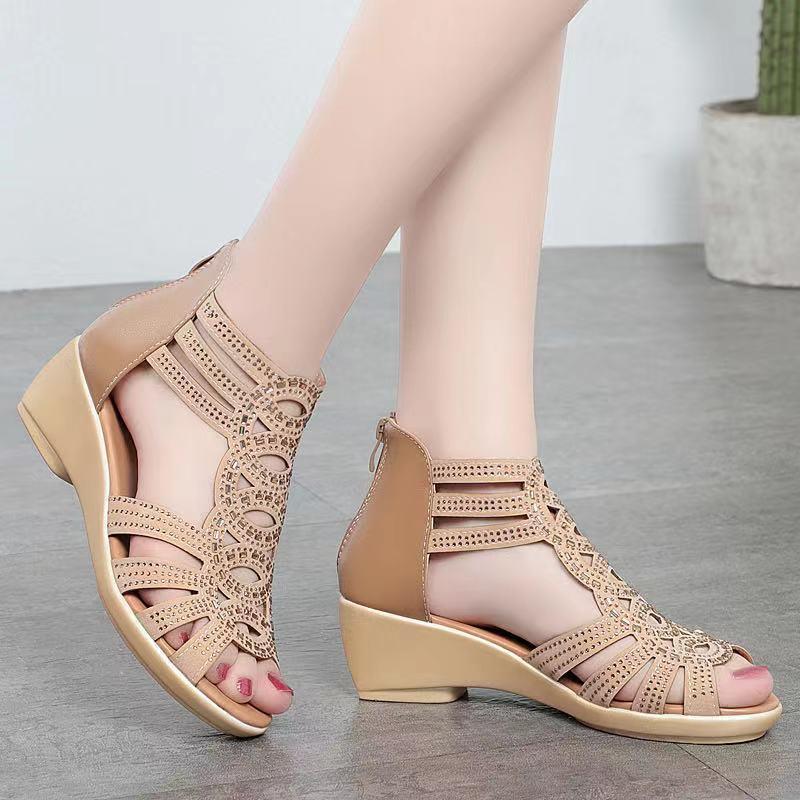 Summer Real Soft Pu Leather Roman Sandals Women&amp;#39;s Chunky Heel5cm Mom Shoes Fashion Outerwear Female Sandalia Wedge Women&amp;#39;s Shoes