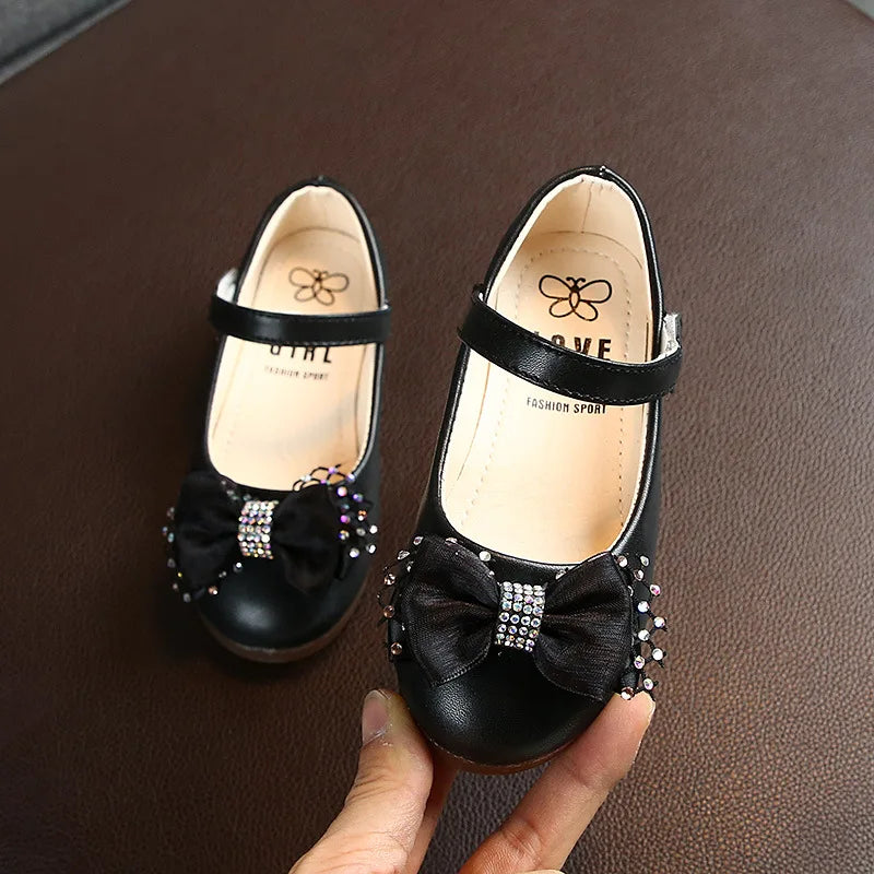 White Shoes For Girls Kids Wedding Dress Shoes Bow-knot Bowtie Sweet Crystal Children&#39;s Leather Flats Toddlers Girls Shoes 22-31