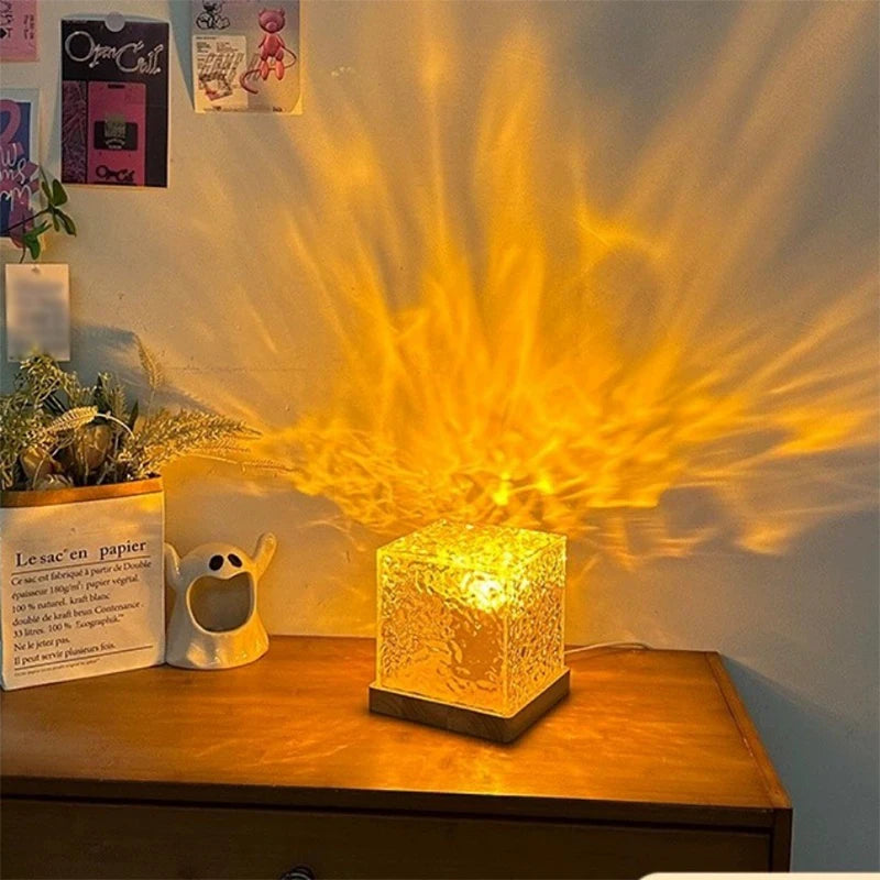 Square water ripple atmosphere lamp, small night lamp, creative girl gift, bedside bedroom flame aurora dynamic desk lamp