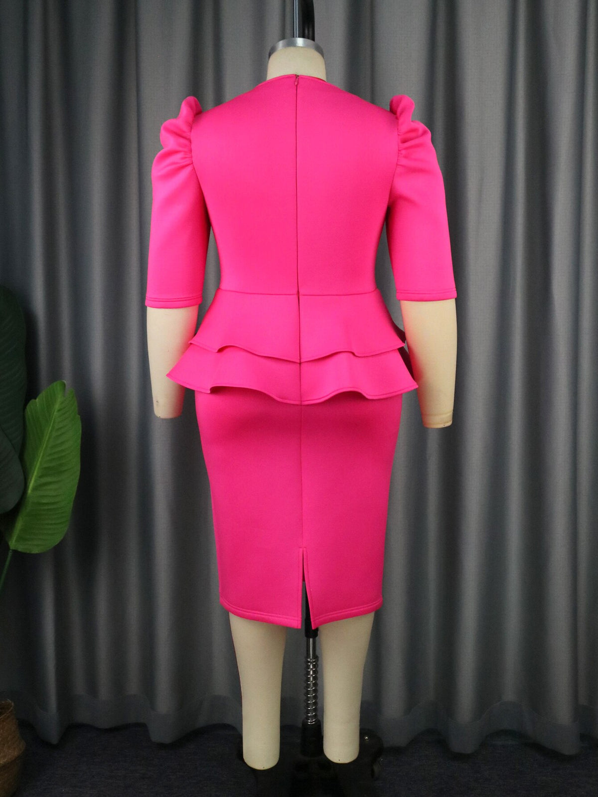 ONTINVA Fuchsia Dresses for Ladies V Neck Puff Half Sleeve Empire Peplum Ruffles Midi Office Work Evening Party Outfits 3XL 4XL