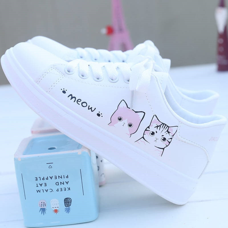 comemore 2021 New Fashion Lace-up Women Sneakers Woman Casual Shoes Printed Summer Women&amp;#39;s Pu Shoes Cute Cat Canvas White Shoe