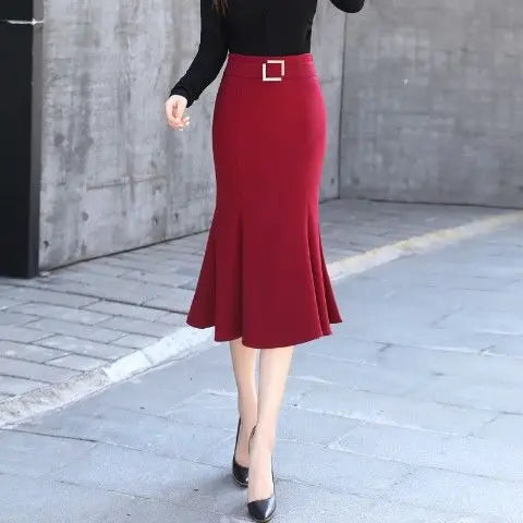 Summer Fashion Women High Waist Lady Office Wear Solid Color Mermaid Skirt Female Korean Casual Knee Length Trumpet Skirts E17