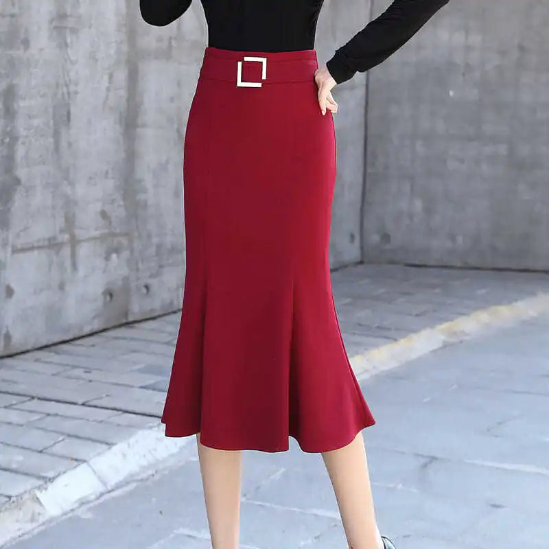 Summer Fashion Women High Waist Lady Office Wear Solid Color Mermaid Skirt Female Korean Casual Knee Length Trumpet Skirts E17