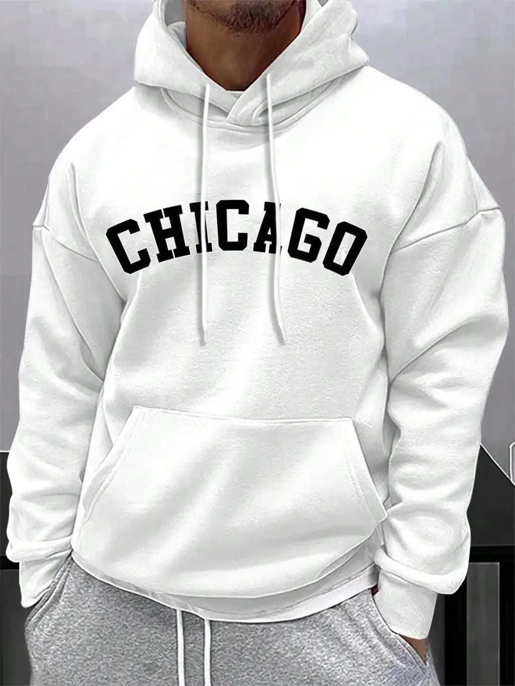 Street Letter Chicago Printing Hoodies For Men Pocket Drawstring Pullovers Thermal Fleece Soft Sweatshirts Autumn Casual Clothes