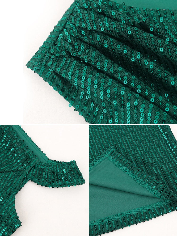 Sequins Dresses Knee Length Cold Shoulder Green Luxury Retro  Evening Cocktail Birthday Party