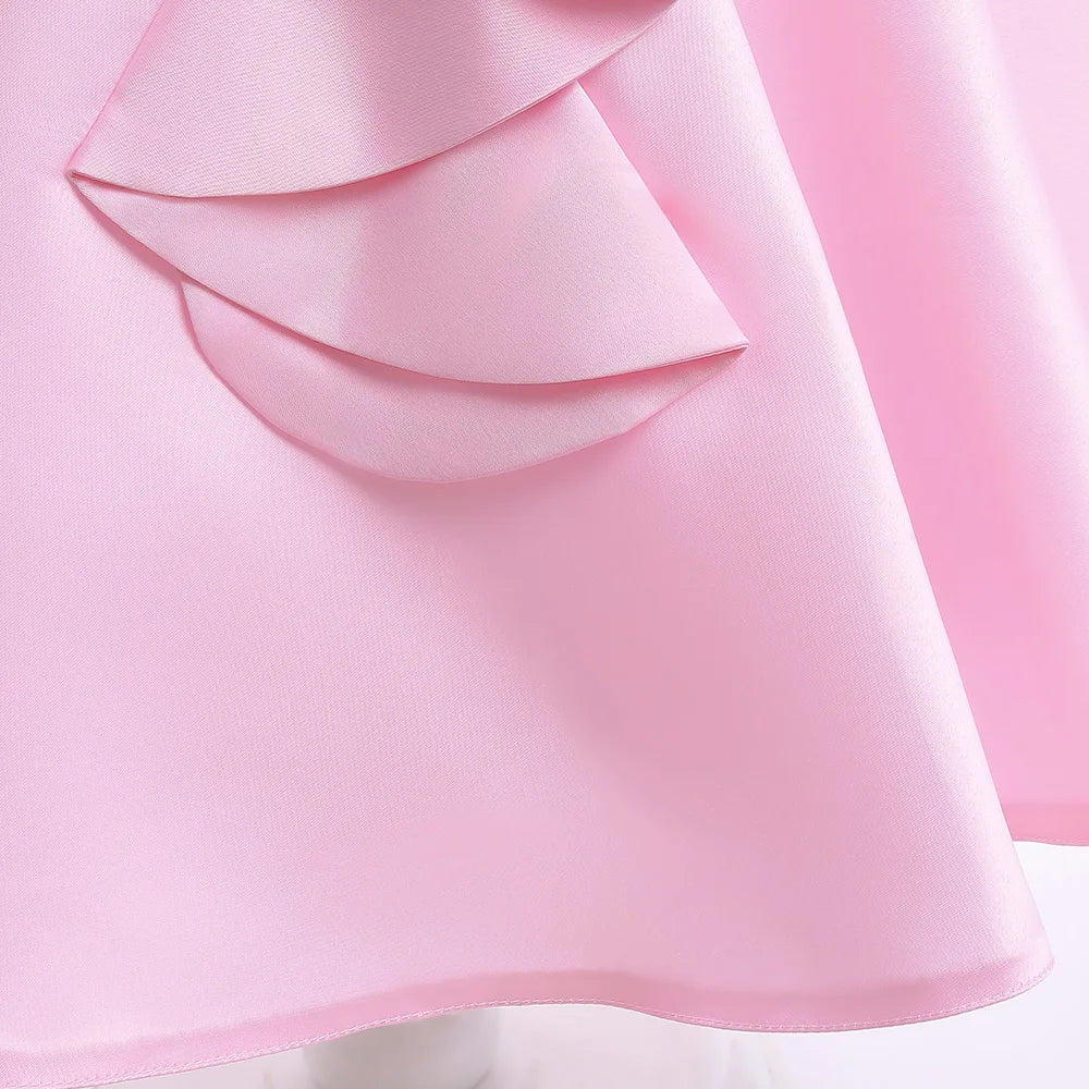 Young Girls Pink Barbie Rose Dress Girl Elegant Evening Party Gown Kids Summer Holiday Birthday Clothes Children Pleated Costume