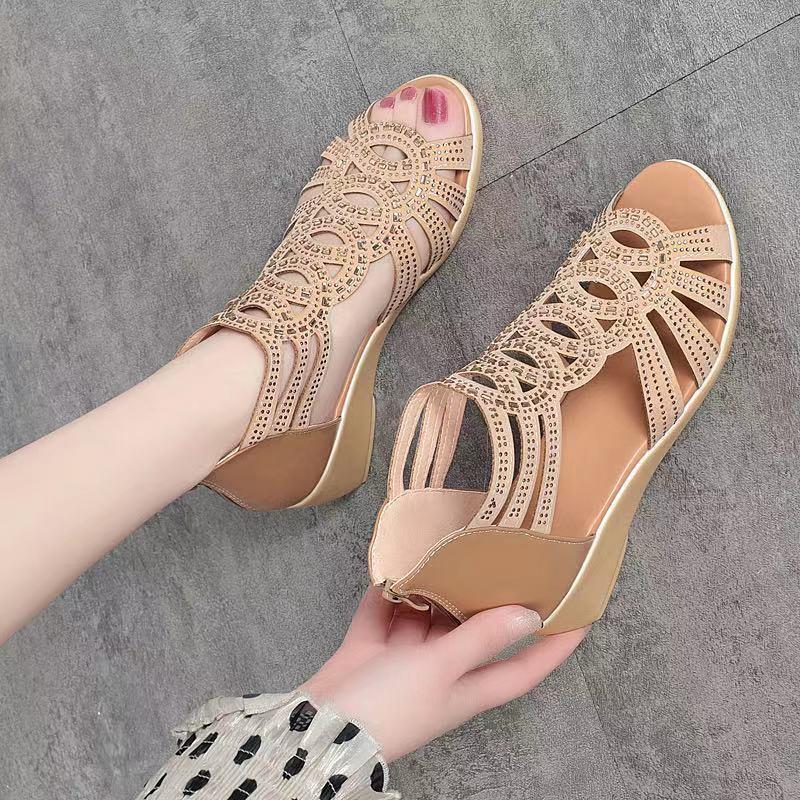 Summer Real Soft Pu Leather Roman Sandals Women&amp;#39;s Chunky Heel5cm Mom Shoes Fashion Outerwear Female Sandalia Wedge Women&amp;#39;s Shoes
