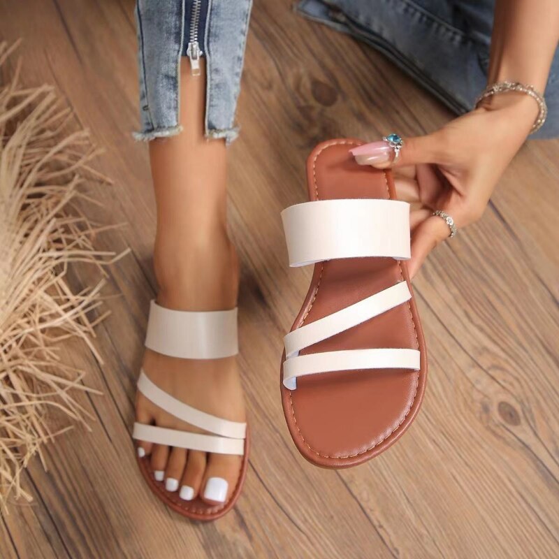 Women&amp;#39;s Slippers Summer Sexy 2023 Leather Open Toe Shoes Outdoor Beach Casual Flat Female Slides Soft Zapatos De Mujer PU1