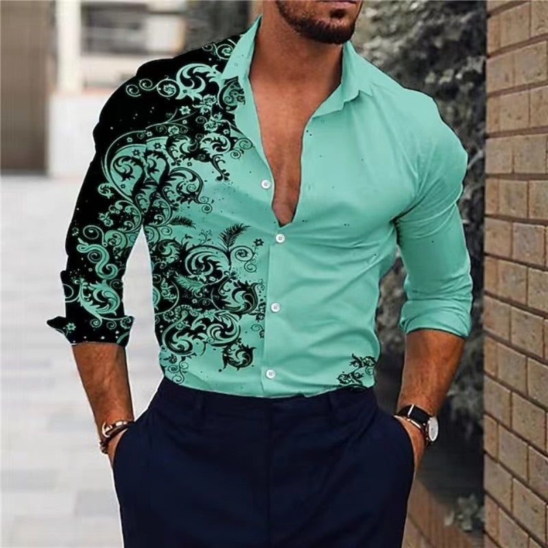 Men&amp;#39;s Fashion Lapel Button-Up Shirts Casual Noble Printed Long Sleeve Tops 2023 Men&amp;#39;s Wedding Prom Cardigan Shirt