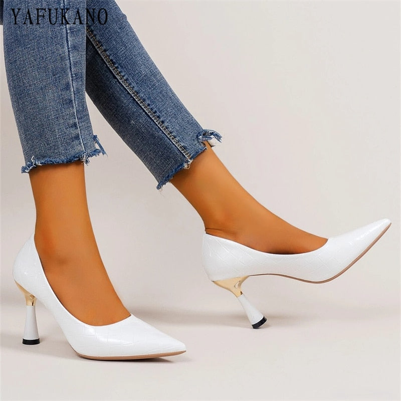 Textured Pointed Toe Stiletto Womens Pumps Classic Simple Shallow Mouth Office Work Shoes White Party Wedding Shoes Plus Size 41