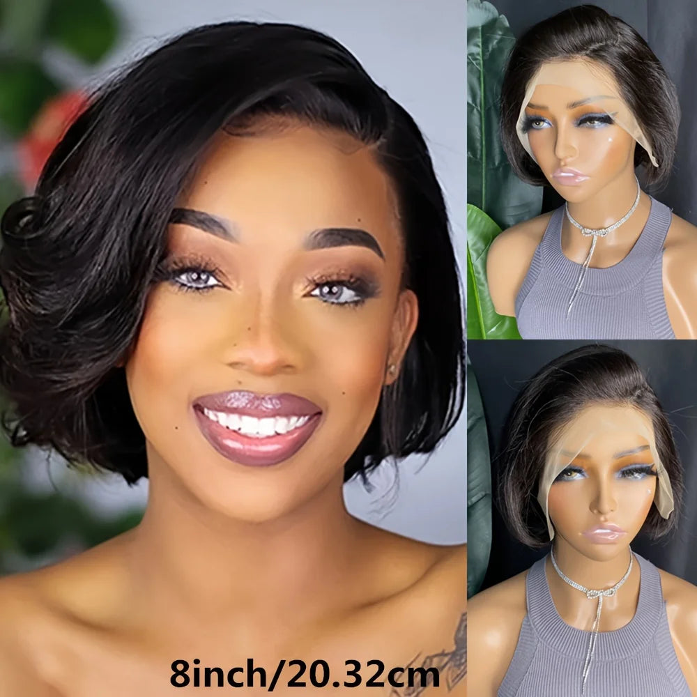 8inch natural black color 13×4 lace human hairshort straight pixie cut human hair wig 150% densitydensity pixie remy hair