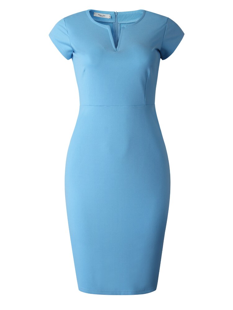 Blue Bodycon Dress Office Ladies Elegant Short Sleeve Knee Length Slim Classy Modest Work Wear Elastic Big Size Female African